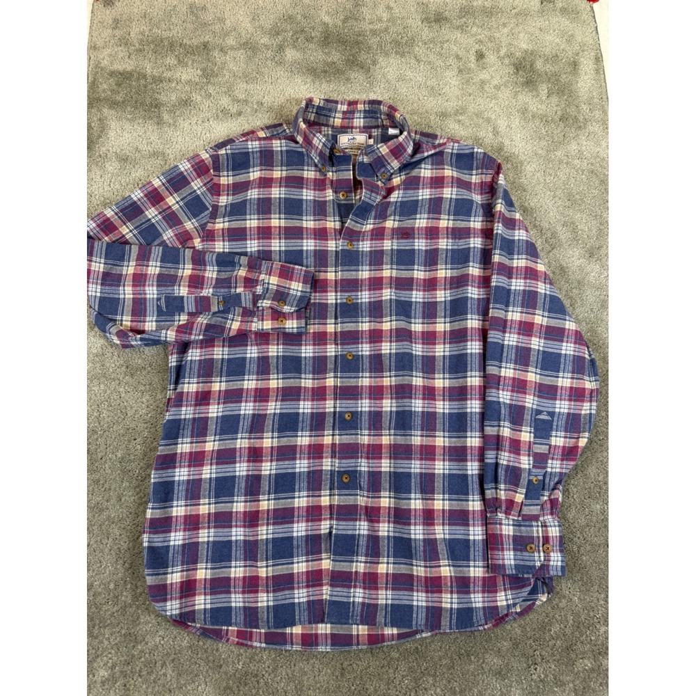 Southern Tide Mens Classic Fit Flannel Shirt Blue Burgundy Plaid Cotton Large